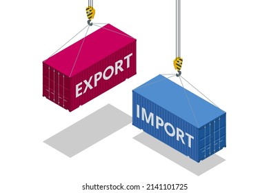 Comercio global, distribución y logística isométricos. Importación de bienes y servicios, control de exportaciones, ventas. La grúa portuaria marítima levanta dos contenedores rojos de carga con palabras de importación y exportación.