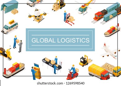 Isometric global transportation concept with helicopter drone truck plane trucks forklift scooter container car packaging line storage workers vector illustration