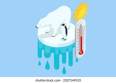 Isometric global warming concept. Polar bear and penguin on ice floe with thermometer. Melting iceberg and global warming. Climate change. Ecological catastrophe