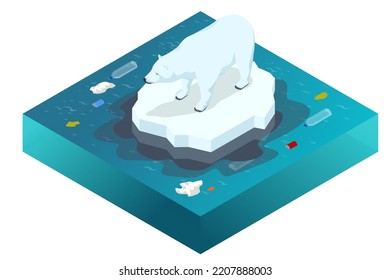 Isometric global warming concept. Polar bear on ice floe. Melting iceberg and global warming. Climate change. Ecological catastrophe, environmental pollution