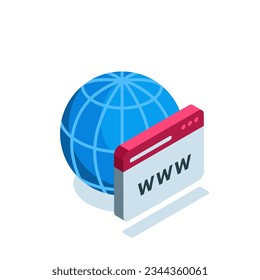 isometric globe and browser window in color on a white background, web page