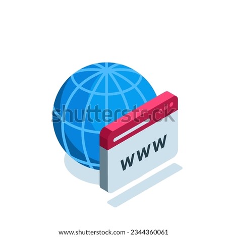 isometric globe and browser window in color on a white background, web page