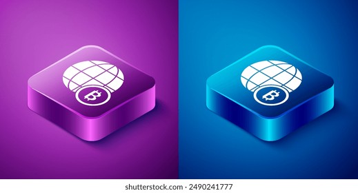 Icono de Bitcoin de globo isométrico y criptomoneda aislado sobre fondo azul y morado. Moneda de bits física. Moneda criptográfica segura basada en Blockchain. Botón cuadrado. Vector