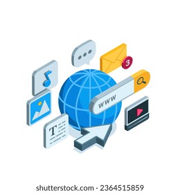 isometric globe and cursor arrow with a search box, in color on a white background, icons of types of media data and messages, working in the Internet space