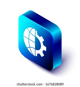 Isometrische Globe der Erde und Zahnrad- oder Zahnradsymbol einzeln auf weißem Hintergrund. Parameter einstellen. Globale Optionen. Blauer Quadrat-Knopf. Vektorillustration-Illustration