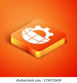 Isometric Globe of the Earth and gear or cog icon isolated on orange background. Setting parameters. Global Options. Vector Illustration