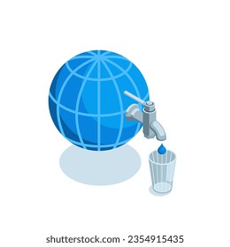 isometric globe and faucet with a drop of water feeding into a glass in color on a white background, water planet or water collapse, lack of drinking water