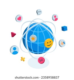 isometric globe and flying around icons and emoticons in color on white background, social global network or internet activity