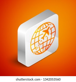 Isometric Globe with flying plane icon isolated on orange background. Airplane fly around the planet earth. Aircraft world icon. Silver square button. Vector Illustration