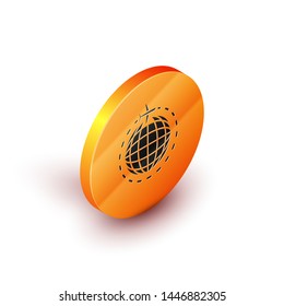 Isometric Globe with flying plane icon isolated on white background. Airplane fly around the planet earth. Aircraft world icon. Orange circle button. Vector Illustration