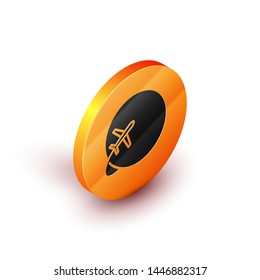 Isometric Globe with flying plane icon isolated on white background. Airplane fly around the planet earth. Aircraft world icon. Orange circle button. Vector Illustration