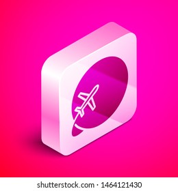 Isometric Globe with flying plane icon isolated on pink background. Airplane fly around the planet earth. Aircraft world icon. Silver square button. Vector Illustration