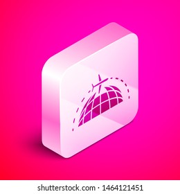 Isometric Globe with flying plane icon isolated on pink background. Airplane fly around the planet earth. Aircraft world icon. Silver square button. Vector Illustration