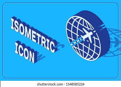 Isometric Globe with flying plane icon isolated on blue background. Airplane fly around the planet earth. Aircraft world icon.  Vector Illustration