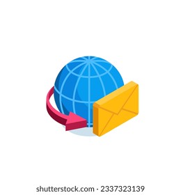 isometric globe icon with envelope and arrow in color isolated on white background, postal service or app