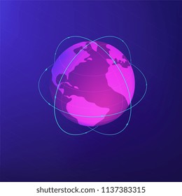 Isometric globe with lines around symbolizing global network connection, communication satellites and navigation system concept on ultra violet background. Vector 3d isometric illustration.