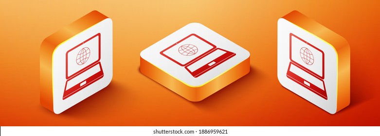 Isometric Globe on screen of laptop icon isolated on orange background. Notebook computer with globe sign. Orange square button. Vector.