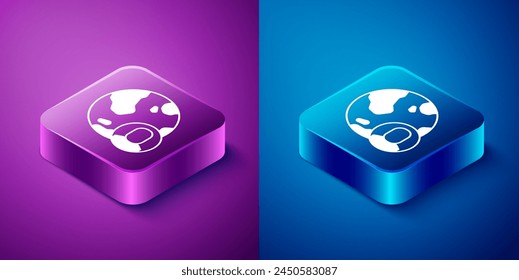 Isometric Globe and people icon isolated on blue and purple background. Global business symbol. Social network icon. Square button. Vector