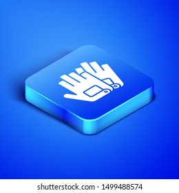 Isometric Gloves icon isolated on blue background. Extreme sport. Sport equipment. Blue square button. Vector Illustration