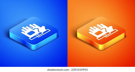 Isometric Gloves icon isolated on blue and orange background. Extreme sport. Sport equipment. Square button. Vector