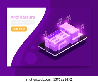 Isometric and glow people and interfaces composition with architecture description abstract elements vector illustration