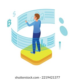 Isometric glowing business analytics icon with currency symbols and human character 3d vector illustration