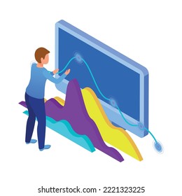 Isometric glowing business analytics icon with person looking at financial charts on computer screen 3d vector illustration
