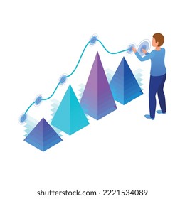 Icono de análisis de negocio con brillo isométrico con el hombre interactuando con gráficos financieros Ilustración vectorial 3d
