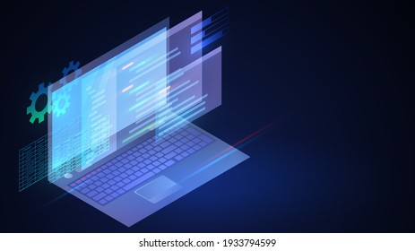 Computadora portátil iluminada isométrica sobre fondo oscuro con capas de ventanas con código, computadora del programador