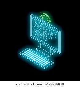 Isometric glowing neon desktop computer rotating screen with keyboard on black background