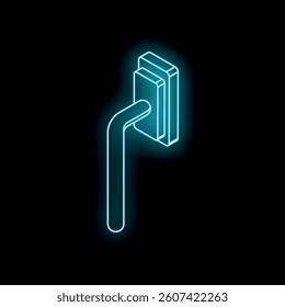 Isometric glowing neon door handle sign on black background