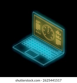 Isometric glowing neon laptop displaying time management dashboard with clock and charts on dark background