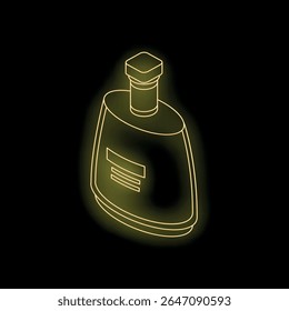 Isometric glowing neon yellow bottle of liquor with blank label on black background