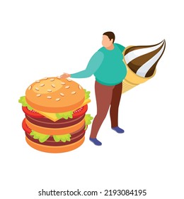 Isometric gluttony food addiction isometric concept with obese character holding giant ice cream and burger 3d vector illustration