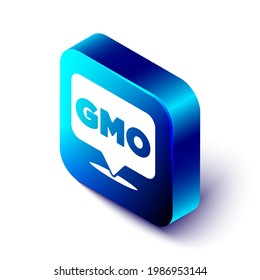 Isometric GMO icon isolated on white background. Genetically modified organism acronym. Dna food modification. Blue square button. Vector