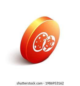 Icono de GMO isométrico aislado en fondo blanco. Acrónimo de organismo modificado genéticamente. Modificación del alimento del adn. Botón de círculo naranja. Vector