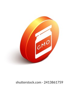 Isometric GMO icon isolated on white background. Genetically modified organism acronym. Dna food modification. Orange circle button. Vector