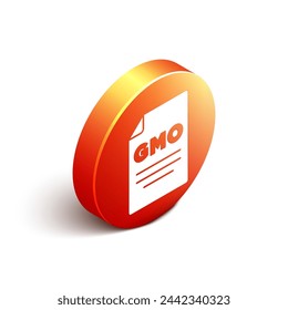 Isometric GMO icon isolated on white background. Genetically modified organism acronym. Dna food modification. Orange circle button. Vector