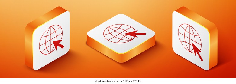 Isometric Go To Web icon isolated on orange background. Globe and cursor. Website pictogram. World wide web symbol. Orange square button. Vector.