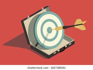 Isometric goal concept with target, dart arrow and briefcase on red background