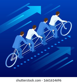 Isometric Goals Setting for Business Team. Creative Idea Teamwork Banner Concept. Business Team Riding Tandem Bicycle. Team success. Business concept illustration