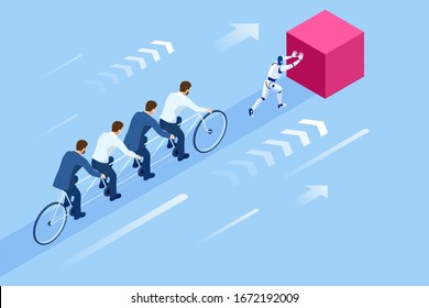 Isometric Goals Setting for Business Team. Creative Idea Teamwork Banner Concept. Business Team Riding Tandem Bicycle. Team success. Business concept illustration.