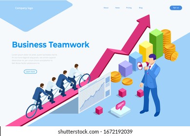 Isometric Goals Setting for Business Team. Creative Idea Teamwork Banner Concept. Business Team Riding Tandem Bicycle. Team success. Business concept illustration.