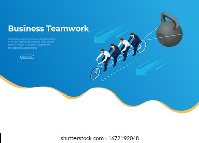 Isometric Goals Setting for Business Team. Creative Idea Teamwork Banner Concept. Business Team Riding Tandem Bicycle. Team success. Business concept illustration.