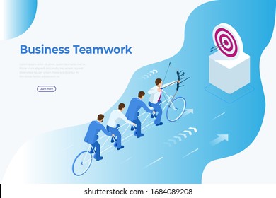 Isometric Goals Setting for Business Team. Creative Idea Teamwork Banner Concept. Business Team Riding Tandem Bicycle. Team success. Business concept illustration.