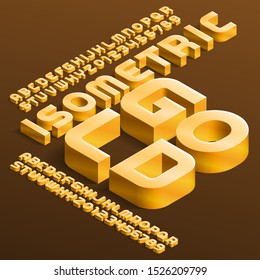 Isometric Gold alphabet font. 3D golden letters and numbers with shadow. Stock vector typescript for your design.