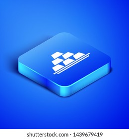 Isometric Gold bars icon isolated on blue background. Banking business concept. Blue square button. Vector Illustration