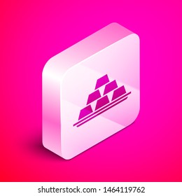 Isometric Gold bars icon isolated on pink background. Banking business concept. Silver square button. Vector Illustration