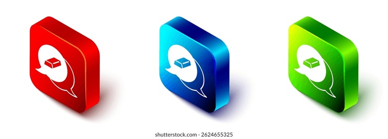 Isometric Gold bars icon isolated on white background. Banking business concept. Red, blue and green square button. Vector