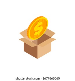 Isometric gold coin with dollar symbol, 3d money icon in open cardboard box isolated. Donate money, charity, save money concept. Vector Illustration design, infographic, web, app, ad